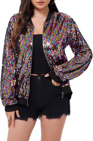 WULFUL Women's Sequin Jackets Sparkly Glitter Long Sleeve Front Zip Bomber Blazers Party Costume in Saudi Arabia