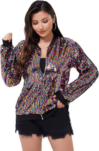 WULFUL Women's Sequin Jackets Sparkly Glitter Long Sleeve Front Zip Bomber Blazers Party Costume in Saudi Arabia