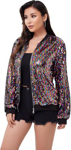 WULFUL Women's Sequin Jackets Sparkly Glitter Long Sleeve Front Zip Bomber Blazers Party Costume in Saudi Arabia