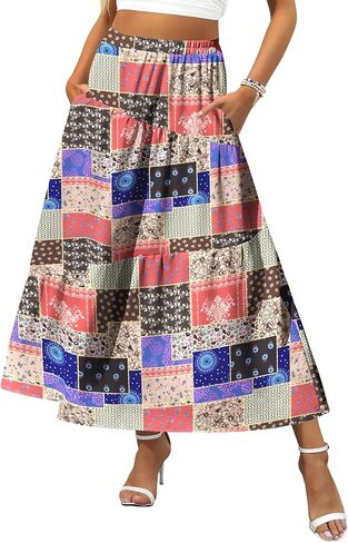 Zeagoo Women's Maxi Skirts Boho High Waist Pleated A-Line Flowy Swing Asymmetric Tiered Long Beach Skirt with Pockets in Saudi Arabia