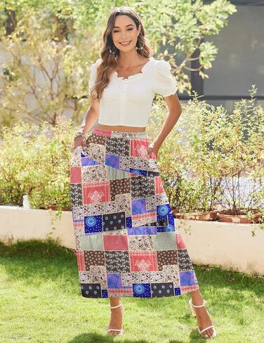 Zeagoo Women's Maxi Skirts Boho High Waist Pleated A-Line Flowy Swing Asymmetric Tiered Long Beach Skirt with Pockets in Saudi Arabia