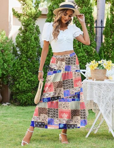 Zeagoo Women's Maxi Skirts Boho High Waist Pleated A-Line Flowy Swing Asymmetric Tiered Long Beach Skirt with Pockets in Saudi Arabia