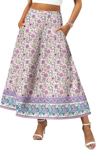 Zeagoo Women's Maxi Skirts Boho High Waist Pleated A-Line Flowy Swing Asymmetric Tiered Long Beach Skirt with Pockets in Saudi Arabia
