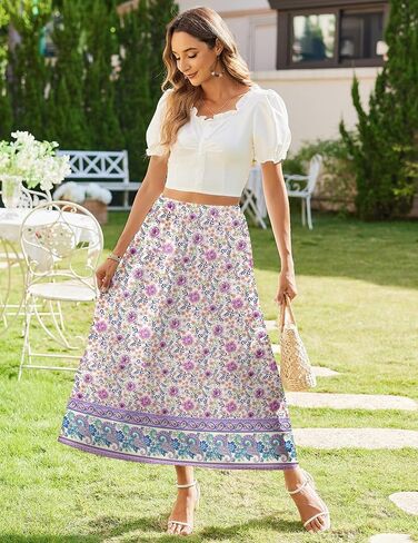 Zeagoo Women's Maxi Skirts Boho High Waist Pleated A-Line Flowy Swing Asymmetric Tiered Long Beach Skirt with Pockets in Saudi Arabia