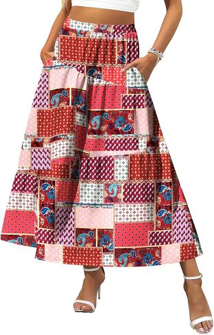 Zeagoo Women's Maxi Skirts Boho High Waist Pleated A-Line Flowy Swing Asymmetric Tiered Long Beach Skirt with Pockets in Saudi Arabia