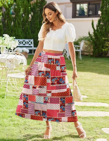 Zeagoo Women's Maxi Skirts Boho High Waist Pleated A-Line Flowy Swing Asymmetric Tiered Long Beach Skirt with Pockets in Saudi Arabia