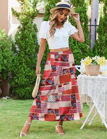 Zeagoo Women's Maxi Skirts Boho High Waist Pleated A-Line Flowy Swing Asymmetric Tiered Long Beach Skirt with Pockets in Saudi Arabia