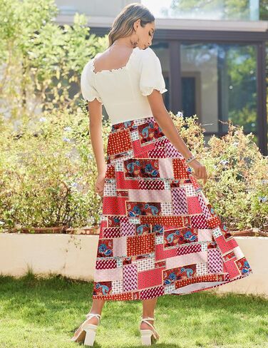 Zeagoo Women's Maxi Skirts Boho High Waist Pleated A-Line Flowy Swing Asymmetric Tiered Long Beach Skirt with Pockets in Saudi Arabia