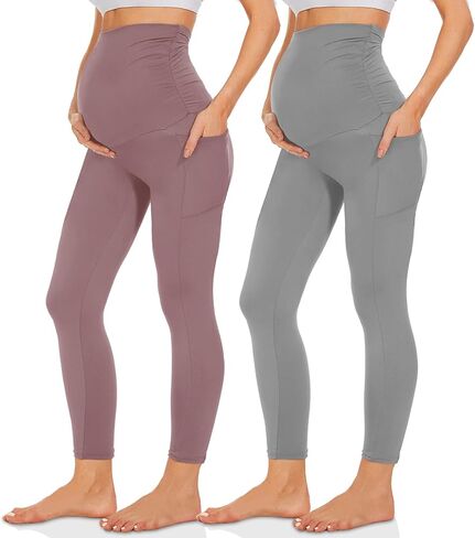 QGGQDD 2 Pack Maternity Leggings Over The Belly with Pockets, Womens Black High Waisted Workout Pregnancy Pants in Saudi Arabia