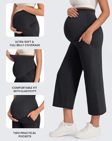 G4Free EverGoing Maternity Yoga Capris Over The Belly Stretch Wide Leg Pregnancy Cropped Pants with Pockets 19‘’/21''/23'' in Saudi Arabia