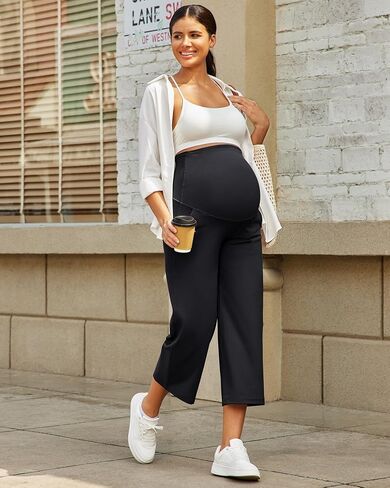G4Free EverGoing Maternity Yoga Capris Over The Belly Stretch Wide Leg Pregnancy Cropped Pants with Pockets 19‘’/21''/23'' in Saudi Arabia