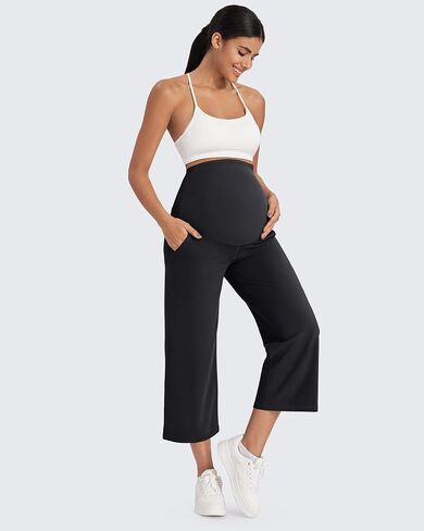 G4Free EverGoing Maternity Yoga Capris Over The Belly Stretch Wide Leg Pregnancy Cropped Pants with Pockets 19‘’/21''/23'' in Saudi Arabia