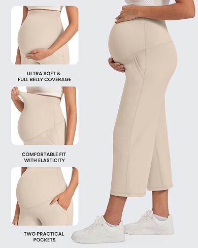 G4Free EverGoing Maternity Yoga Capris Over The Belly Stretch Wide Leg Pregnancy Cropped Pants with Pockets 19‘’/21''/23'' in Saudi Arabia