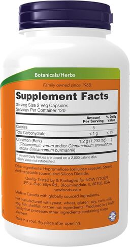 NOW Supplements, Cinnamon Bark 600 mg, Non-GMO Project Verified, Healthy Glucose Metabolism*, 120 Veg Capsules in Saudi Arabia
