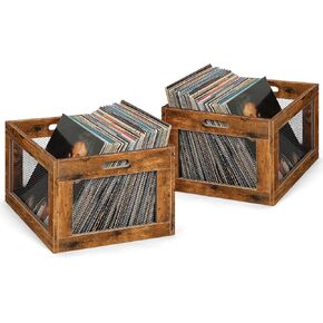 HAITRAL Vinyl Record Storage Crate,Wooden Record Holder,Multifunctional Storage Crate with Handle,for Storing Books,Snacks,Toys,Magazines at Home - 2Pack