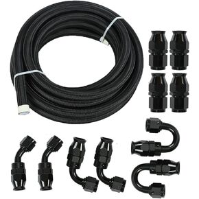 8AN 20FT PTFE Fuel Line Hose Kit,E85 Stainless Steel Nylon Braided Fuel Hose 20FT with 10PCS Swivel Fuel Hose Fitting Adapter Kit - Black