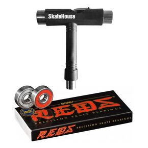 Bones Reds Skateboard Bearings (8MM) 8 Pack Bundle with SkateHouse Skate Tool