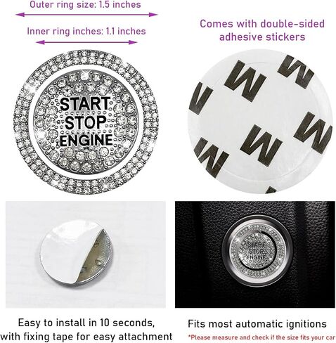 ملصق Sylvil Bling Car Push Start Button، غطاء مزخرف بأحجار الراين المتلألئة يحمي بالكامل زر الإشعال وحلقة مقبض مضادة للخدش، ملحقات السيارة للنساء (أبيض) in Kuwait