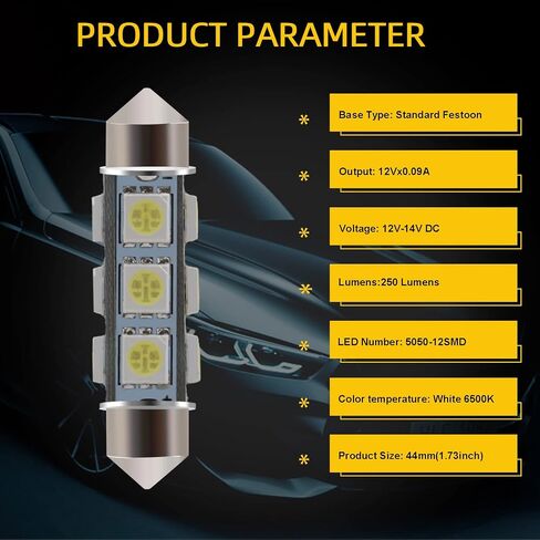 Everbright 6-Pack 44MM 578 Led Bulb White، 569 211-2 212-2 Led Bulb Festoon Led قبة ضوء خريطة جذع لوحة ترخيص ضوء أضواء LED داخلية، DC-12V in Kuwait