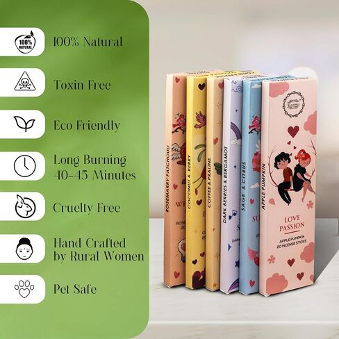 Raajsee Natural Incense Sticks with Insence Holder- Pack of 6 Organic Inscent -120 Insense Sticks, Non Toxic Clean Burning, Boho Gift Set, Sage,Apple Pumpkin,Coconut, Coffee,Rosemary Patchouli in Saudi Arabia
