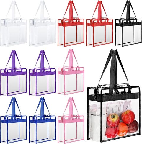 12 Pack Clear Tote Bag Stadium Approved Plastic Tote Bag 12 x 6 x 12 Large Transparent Totes with Zippers Handles for Concerts, Sporting Events, Work, School, Gym, Travel (Classic Colors) in Saudi Arabia