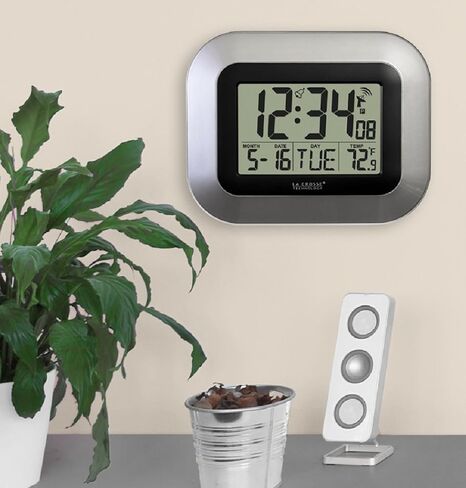 La Crosse Technology WT-8005U-S Atomic Digital Wall Clock with Indoor Temperature, Silver & 617-1270 Atomic LCD Alarm Clock in Saudi Arabia