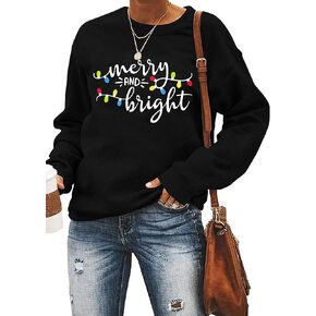 Christmas Sweatshirt Women Merry and Bright Christmas T-Shirt Funny Xmas Lights Blouse Tops Holiday Shirts