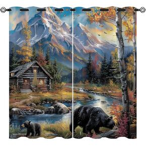 Rustic Forest Cabin Blackout Curtains for Girls Boy Home Decor, Country Farmhouse Bear Grommet Thermal Insulated Drapes Darkening Window Curtain for Bedroom Living Room, 42 x 45 Inch