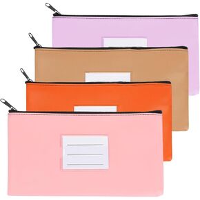 PATIKIL 11x6" Money Bank Deposit Bag with Zipper, 4 Pcs Leatherette Coin Check Wallet Pen Pouch Bag with Clear Window for Office Travel, Orange/Purple/Pink/Khaki