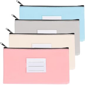 PATIKIL 11x6" Money Bank Deposit Bag with Zipper, 4 Pcs Leatherette Coin Check Wallet Pen Pouch Bag with Clear Window for Office Travel, Blue/Gray/Beige/Pink