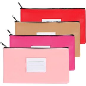 PATIKIL 11x6" Money Bank Deposit Bag with Zipper, 4 Pcs Leatherette Coin Check Wallet Pen Pouch Bag with Clear Window for Office Travel, Red/Khaki/Pink/Purple