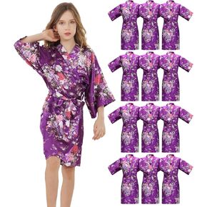 12 Pieces Girls Kids Silky Satin Solid Color Short Kimono Robes for Wedding Birthday Slumber Spa Party
