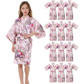 12 Pieces Girls Kids Silky Satin Solid Color Short Kimono Robes for Wedding Birthday Slumber Spa Party in Kuwait