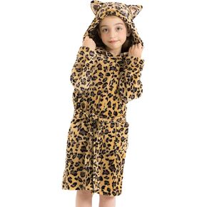 ACTLATI Leopard Cat Fleece Hooded Robe for Girls, Plush Bathrobe With Pockets for 3-12 Years Kids Birthday Christmas Gifts