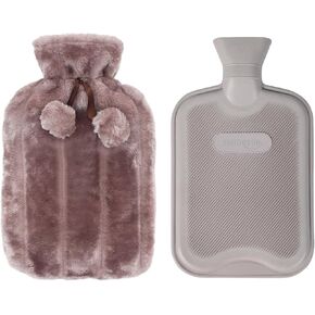 HomeTop Premium Classic Rubber Hot Water Bottle w/Luxurious Faux Fur Plush Fleece Cover (2L, Gray)