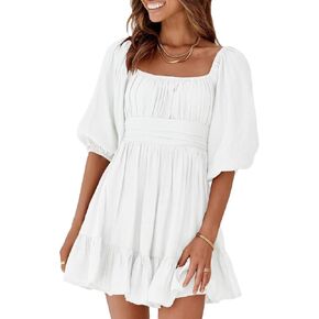 Dokotoo Womens Summer Dresses Square Neck Tie Back Lantern Sleeve Ruffle A-Line Casual Dress