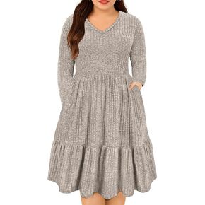 CARCOS Plus Size Dresses for Curvy Women Crew/Vneck Long Sleeve Dresses Ladies Knee Long Fall Winter Dress with Pocket XL-5XL in Kuwait