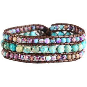 YGLINE Boho Handmade Natural Stone Bead 3 Row Wide Wrap Wrist Statment Bracelet Jewelry Collection