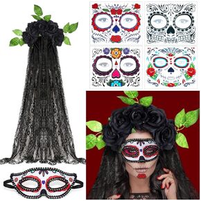 WILLBOND 6 Pieces Day of the Dead Costumes for Women Halloween Crown Rose Floral Veil Headband Headpiece with Halloween Skull Face Temporary Tattoo Masquerade Mask for Costume Party (Red)