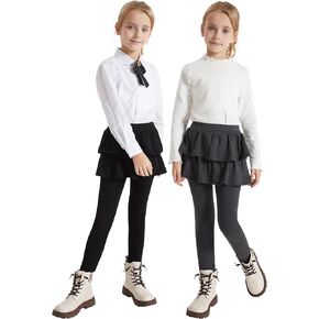 DIPUG 2-Pack Girls Leggings School Uniform Pants with Double Layer Ruffled Hem Skirt Stylish Legging for Kids 2-8Years