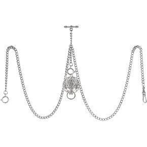 Men's Double Albert Chain Pocket Watch Curb Link Key Chain 3 Hooks with Antique Wolf Pendant Design Charm Fob T Bar