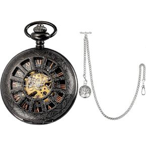 SIBOSUN Skeleton Pocket Watch with Antique Life Tree Pendant Design Charm Fob T-Bar Chain Silver