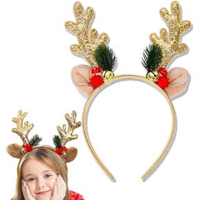 Reindeer Antlers Headband Christmas Hairbands With Gold Glitter Elk Antlers Bell Design Christmas Party Birthday Cosplay Photo Props Head Wear Gifts for Women Girls Head Decoration 1Pcs