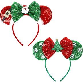 WOVOWOVO Christmas Mouse Ears Headbands for Women Girls, Bow Decoration Hairbands Red Sequin and White Snowflake Headband Party Cosplay Hair Accessories Costume, 2 Pack