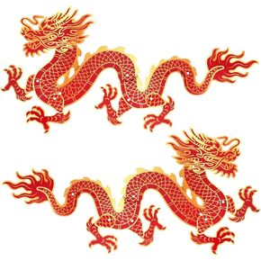 Honoson 2 Pcs Chinese Dragon Decorations 3 ft Red Gold Chinese New Year Jointed Dragon Cutout Cardboard Dragon Sticker for Chinese New Year Home Window Door Wall Spring Festival Party Decor Supplies