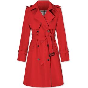 Betusline Women's Long Trench Coat Double Breasted Classic Lapel Belted Windbreaker Jacket Outerwear, Red, M