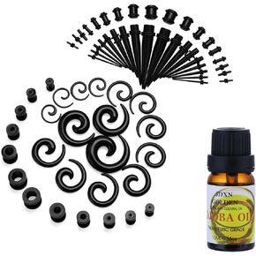 JDXN 65pcs Acrylic Ear Stretching Kit + Aftercare Jojoba Oil Tapers Plugs Silicone Tunnels Gauges Expander 14G-00G Jewelry Set