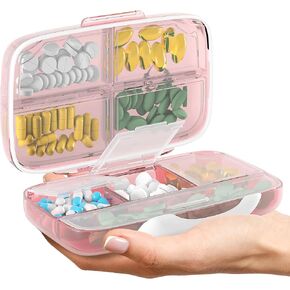 Travel Pill Organizer - Airtight Medicine Case for Traveling Portable Pharmacy Box with Labels Vitamin Container 8 Compartment Supplement Medication Holder Large Capacity Daily (Black)