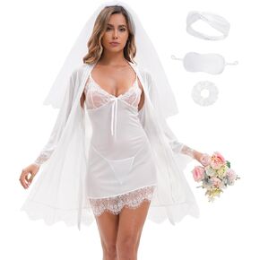 Women Sexy Lace Lingerie Sets 6 Piece Babydoll Mesh Sheer Sleepwear Strap Chemise Nightgown Robe
