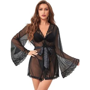ohyeahlady Women Plus Size Sheer Mesh Robe Sexy Nightgown Bridal Lingerie Robe Set Lace Trim Long Sleeve Tulle Robe XS-4XL